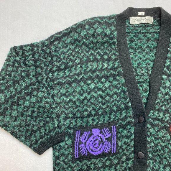 VINTAGE Saks Fifth Avenue Cardigan Sweater Patches WomensXL Green Mohair 80s - Picture 6 of 11